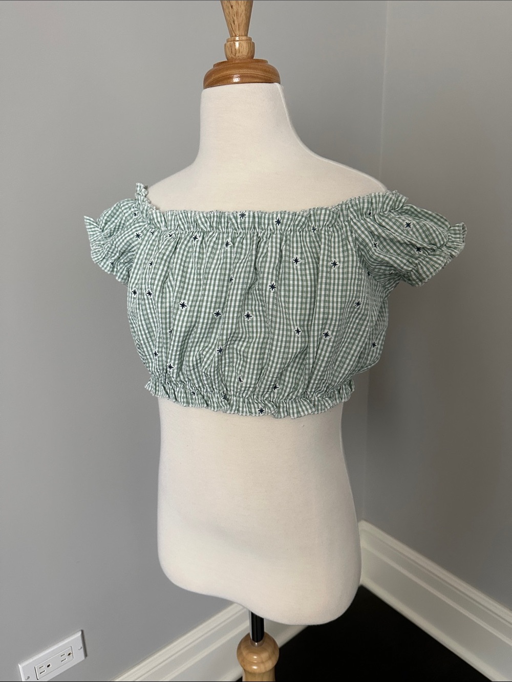 Off-Shoulder Green Gingham Crop Top
